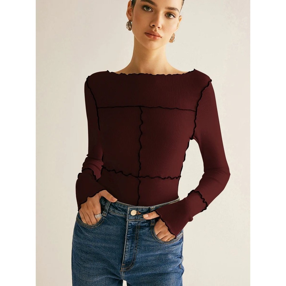 Commense Deep Burgundy Ribbed Lettuce Hem Seam Detail Long Sleeve Top Small